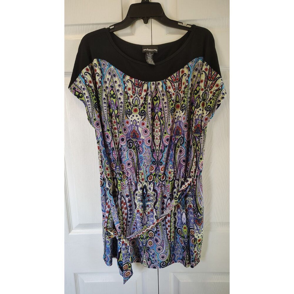 Sixteen Stretch Y2K Paisley Tunic Top Boho Tie-Waist Blouse 2X